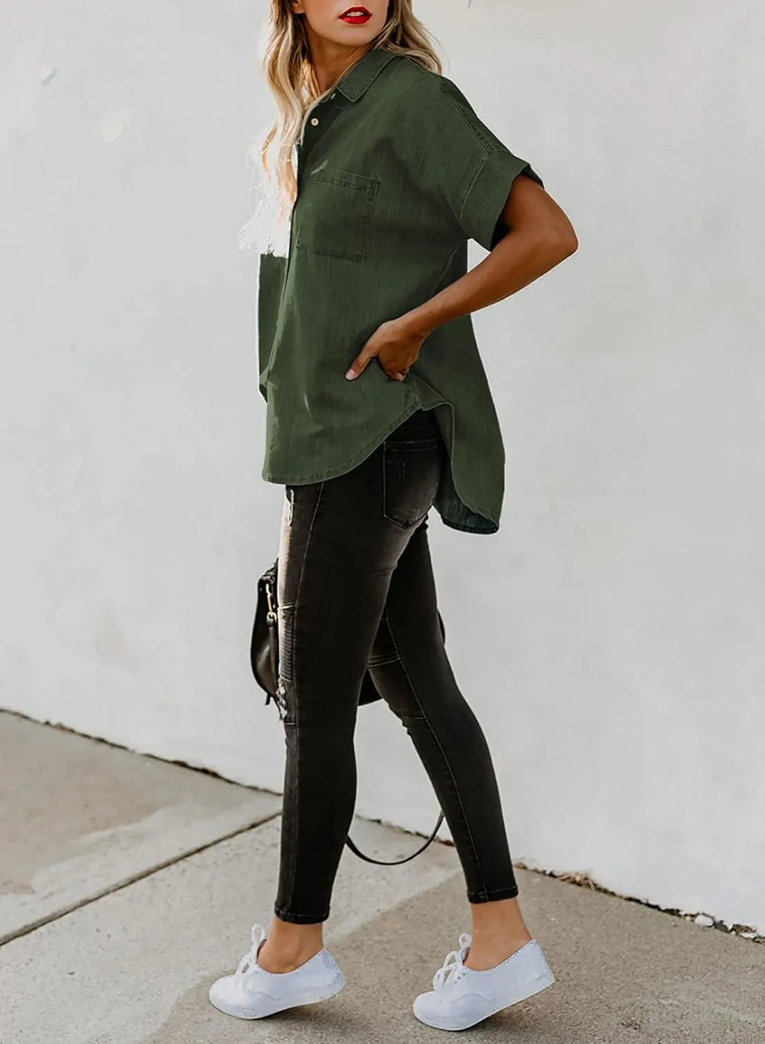 Astylish Womens Button Down Shirts V Neck Loose Casual Shirt
