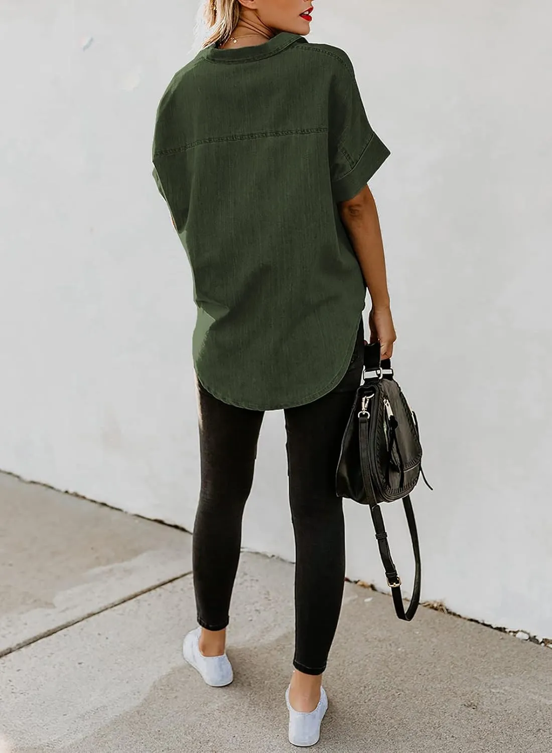 Astylish Womens Button Down Shirts V Neck Loose Casual Shirt