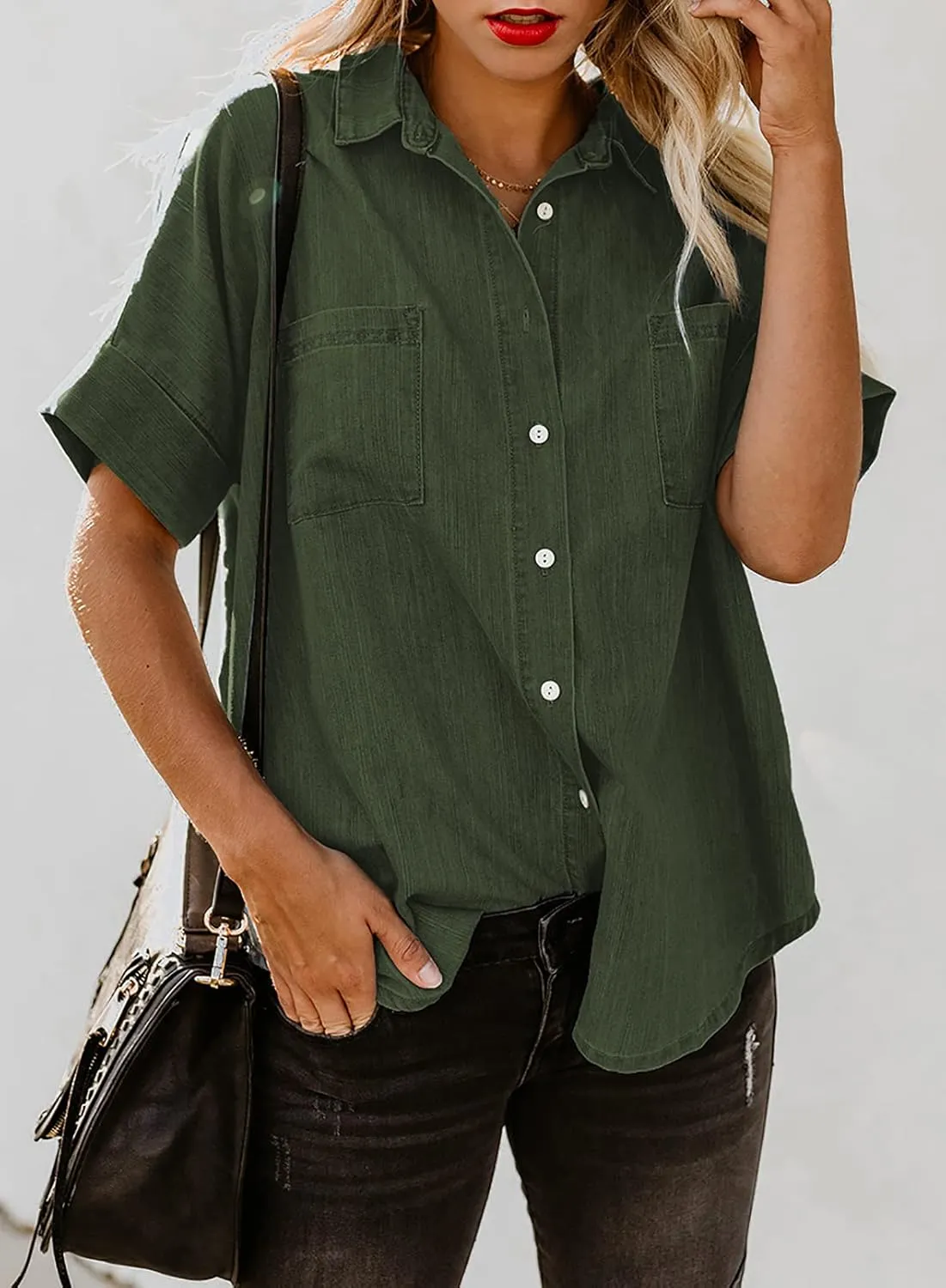 Astylish Womens Button Down Shirts V Neck Loose Casual Shirt