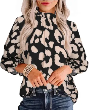 Avanova Women Polka Dot Long Sleeve Blouse Shirts Work Mock Neck Ruffle Top