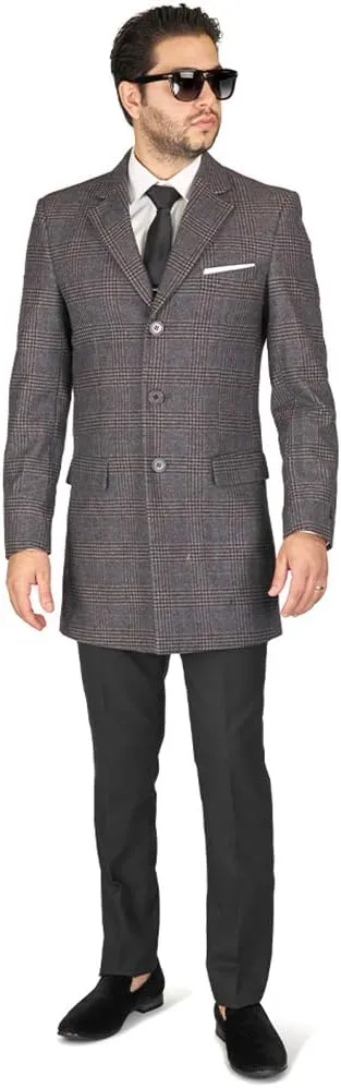 AZAR MAN Slim Fit Wool Overcoat 3 Button Closure Classic Notched Lapel Top Trench Long Walker Pea Coat Single Breast
