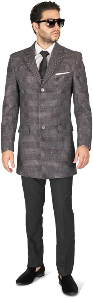 AZAR MAN Slim Fit Wool Overcoat 3 Button Closure Classic Notched Lapel Top Trench Long Walker Pea Coat Single Breast