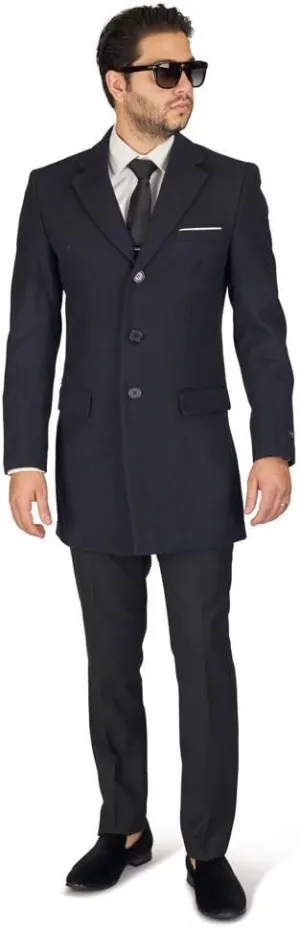 AZAR MAN Slim Fit Wool Overcoat 3 Button Closure Classic Notched Lapel Top Trench Long Walker Pea Coat Single Breast