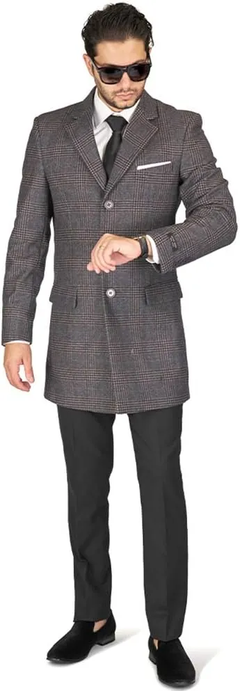 AZAR MAN Slim Fit Wool Overcoat 3 Button Closure Classic Notched Lapel Top Trench Long Walker Pea Coat Single Breast