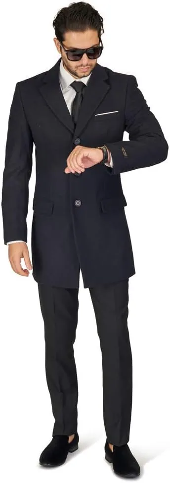 AZAR MAN Slim Fit Wool Overcoat 3 Button Closure Classic Notched Lapel Top Trench Long Walker Pea Coat Single Breast