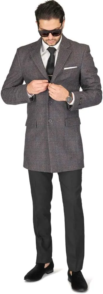 AZAR MAN Slim Fit Wool Overcoat 3 Button Closure Classic Notched Lapel Top Trench Long Walker Pea Coat Single Breast