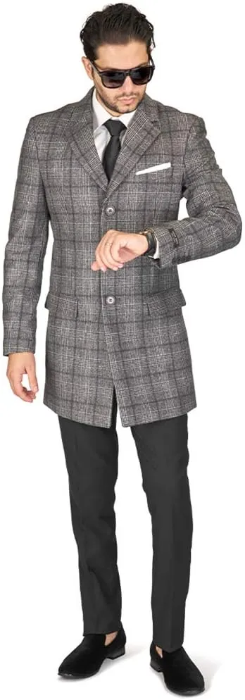 AZAR MAN Slim Fit Wool Overcoat 3 Button Closure Classic Notched Lapel Top Trench Long Walker Pea Coat Single Breast