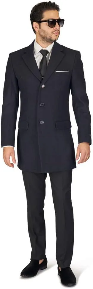 AZAR MAN Slim Fit Wool Overcoat 3 Button Closure Classic Notched Lapel Top Trench Long Walker Pea Coat Single Breast