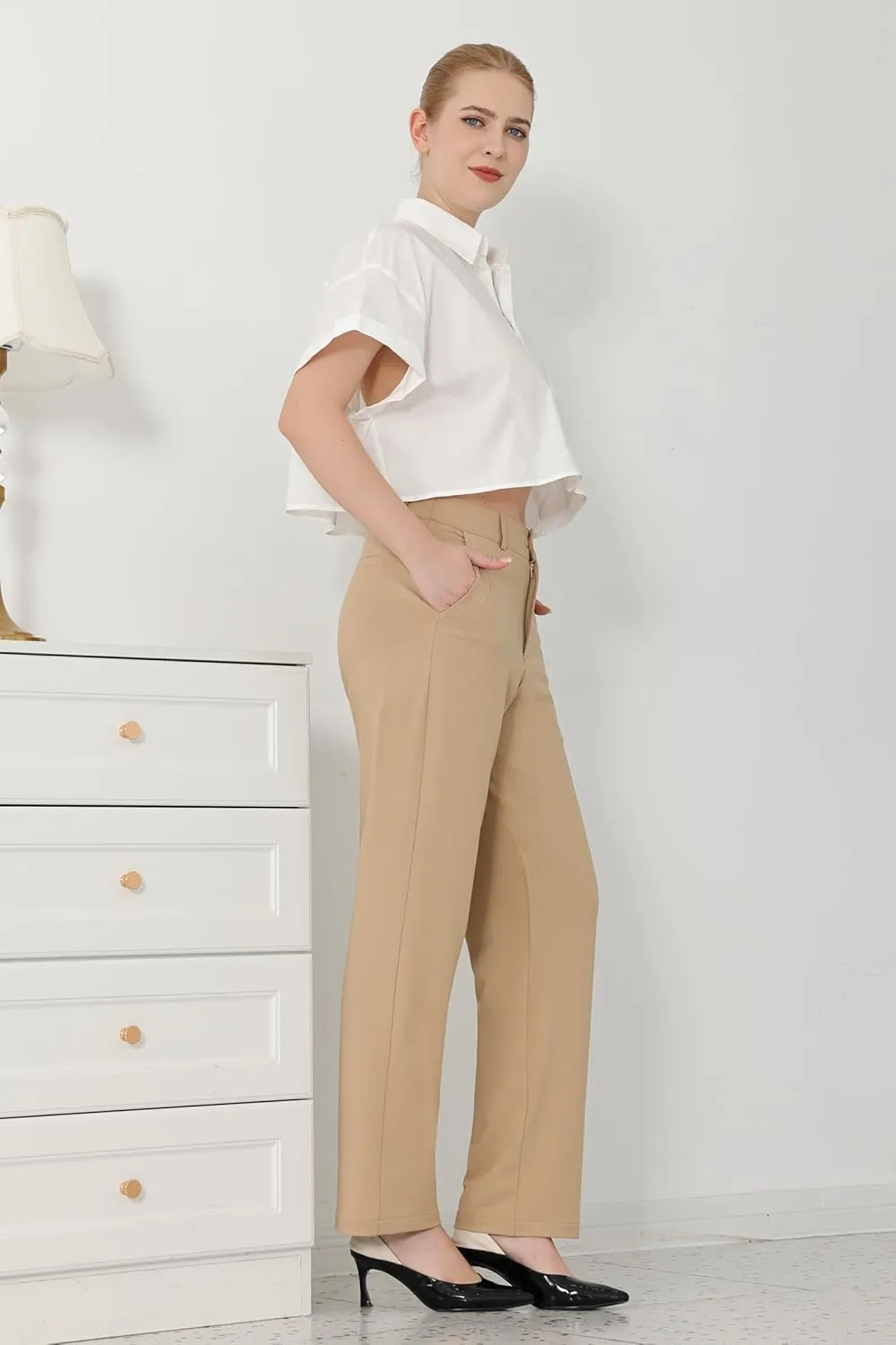Bamans Dress Pants Women Work Business Pants Tummy Control Office Straight Leg Trousers High Waisted Ladies Slacks