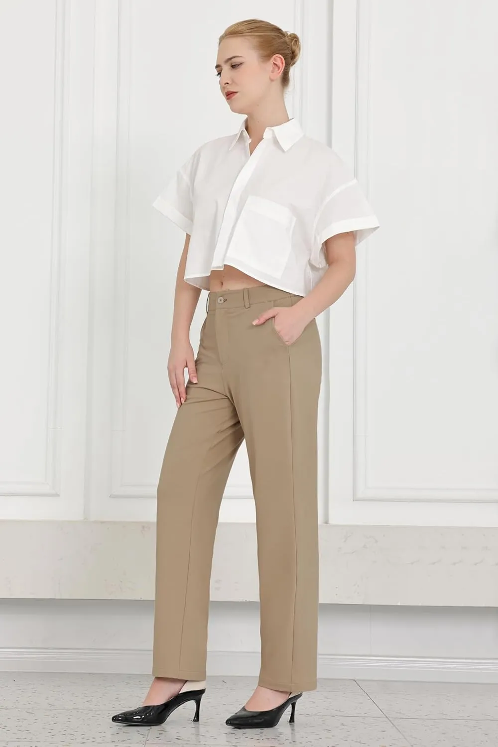Bamans Dress Pants Women Work Business Pants Tummy Control Office Straight Leg Trousers High Waisted Ladies Slacks