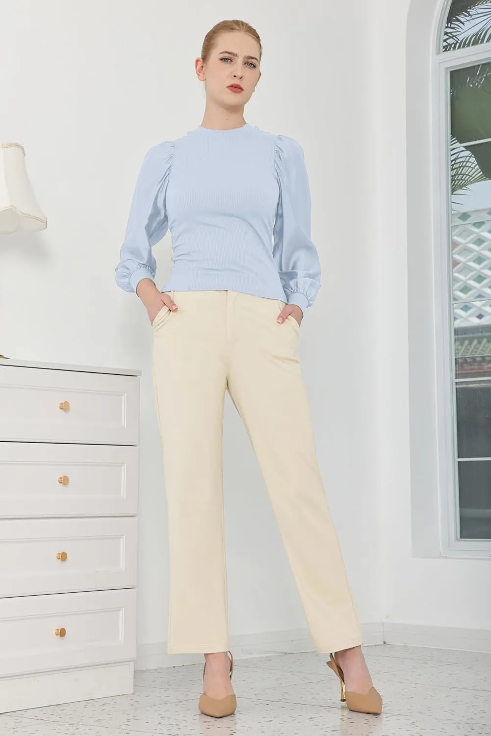 Bamans Dress Pants Women Work Business Pants Tummy Control Office Straight Leg Trousers High Waisted Ladies Slacks
