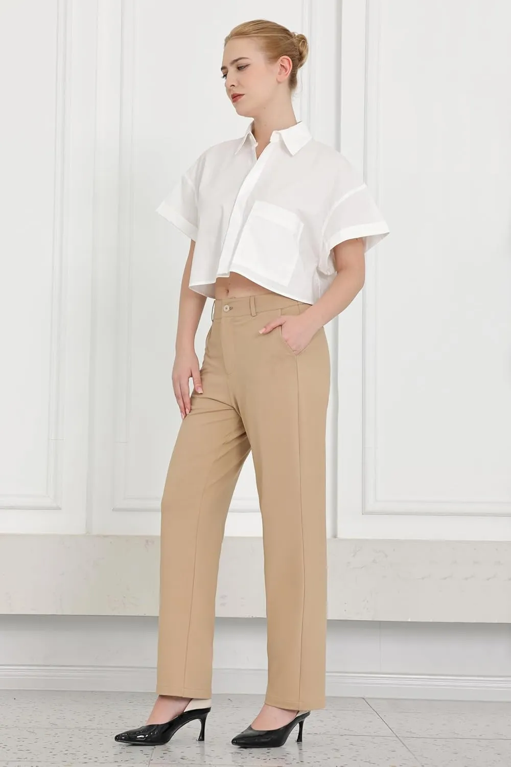 Bamans Dress Pants Women Work Business Pants Tummy Control Office Straight Leg Trousers High Waisted Ladies Slacks