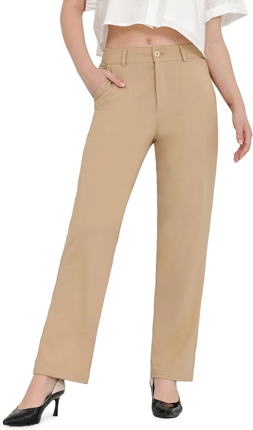 Bamans Dress Pants Women Work Business Pants Tummy Control Office Straight Leg Trousers High Waisted Ladies Slacks