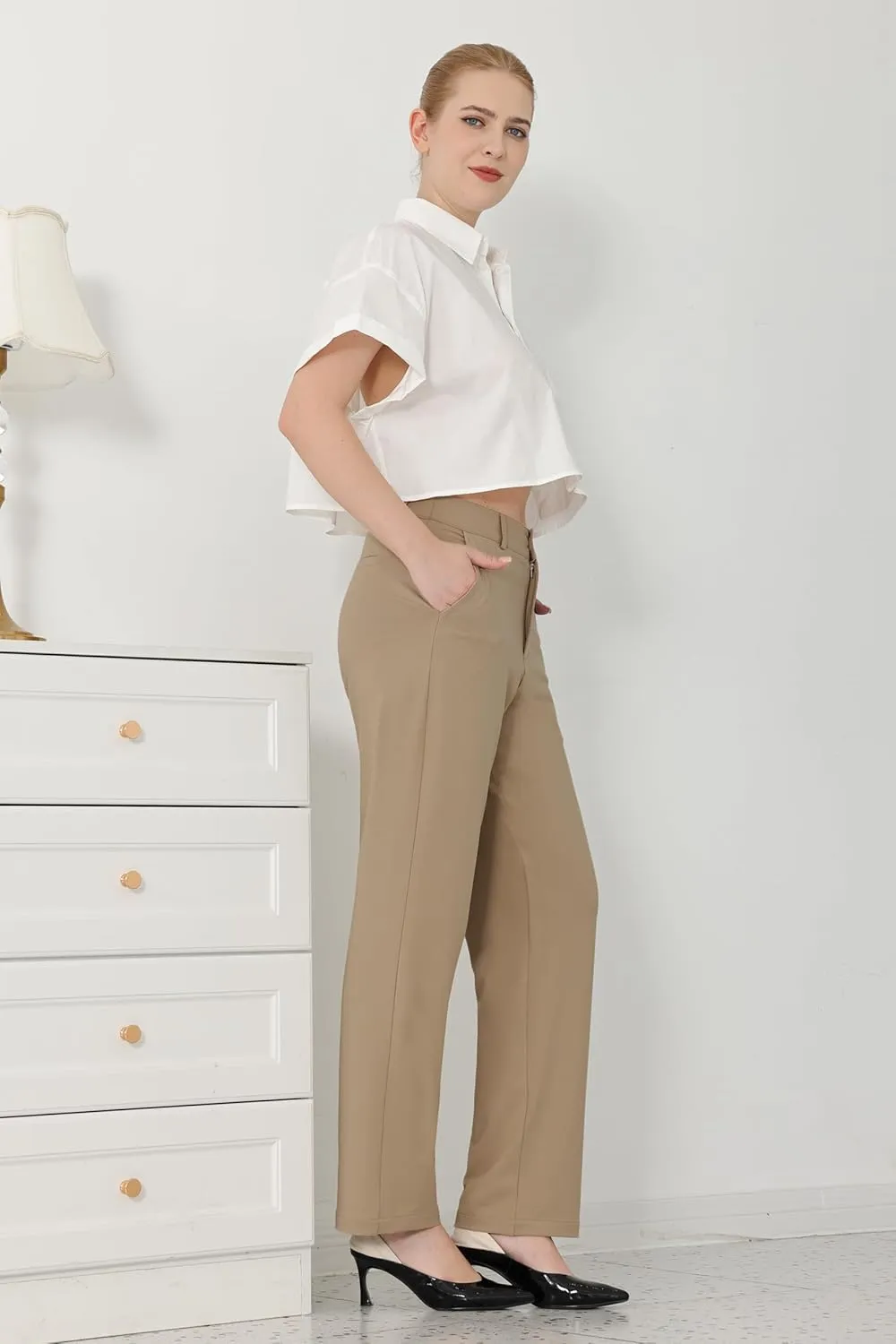 Bamans Dress Pants Women Work Business Pants Tummy Control Office Straight Leg Trousers High Waisted Ladies Slacks