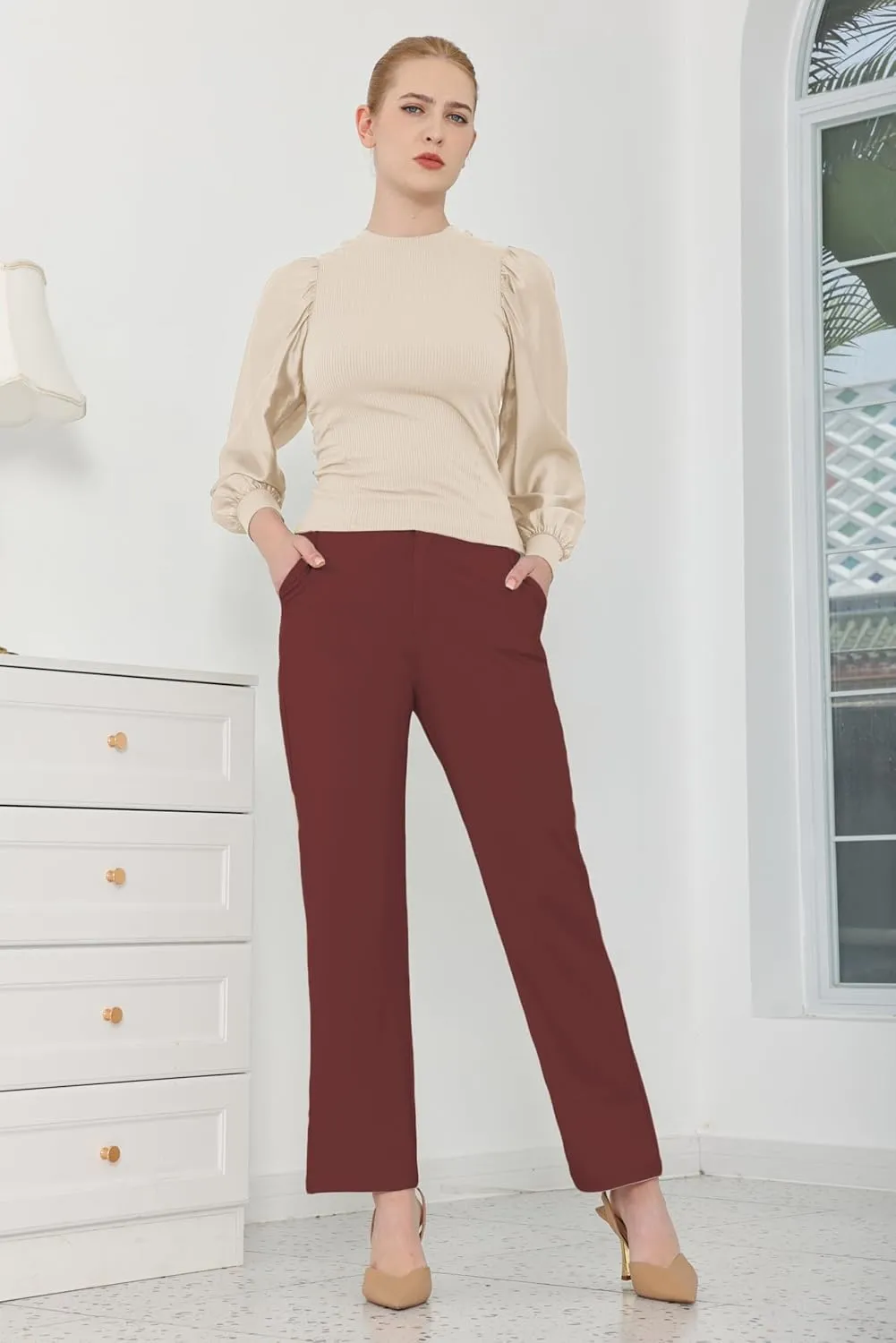 Bamans Dress Pants Women Work Business Pants Tummy Control Office Straight Leg Trousers High Waisted Ladies Slacks