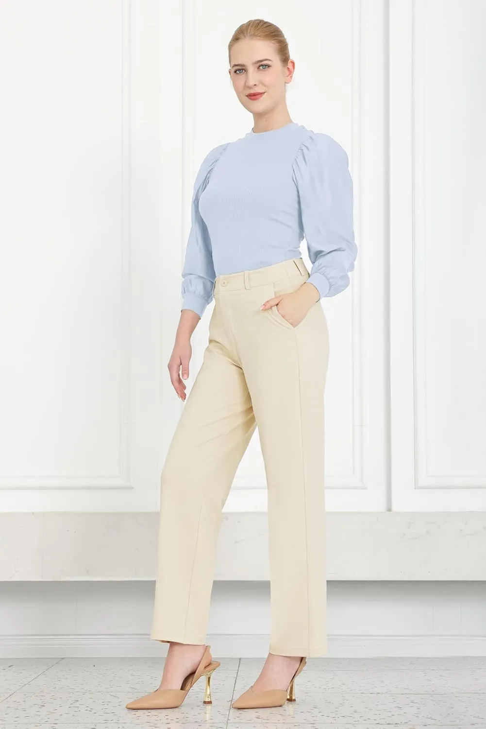 Bamans Dress Pants Women Work Business Pants Tummy Control Office Straight Leg Trousers High Waisted Ladies Slacks