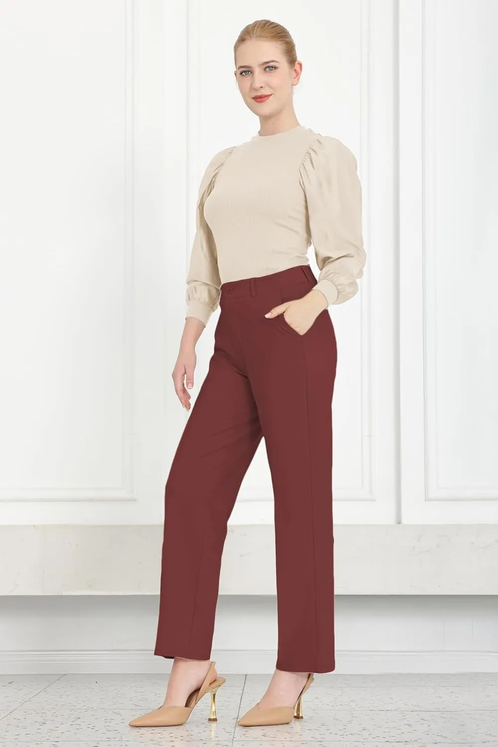 Bamans Dress Pants Women Work Business Pants Tummy Control Office Straight Leg Trousers High Waisted Ladies Slacks