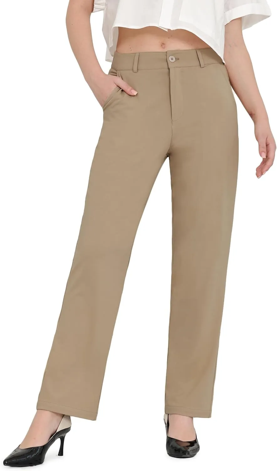Bamans Dress Pants Women Work Business Pants Tummy Control Office Straight Leg Trousers High Waisted Ladies Slacks