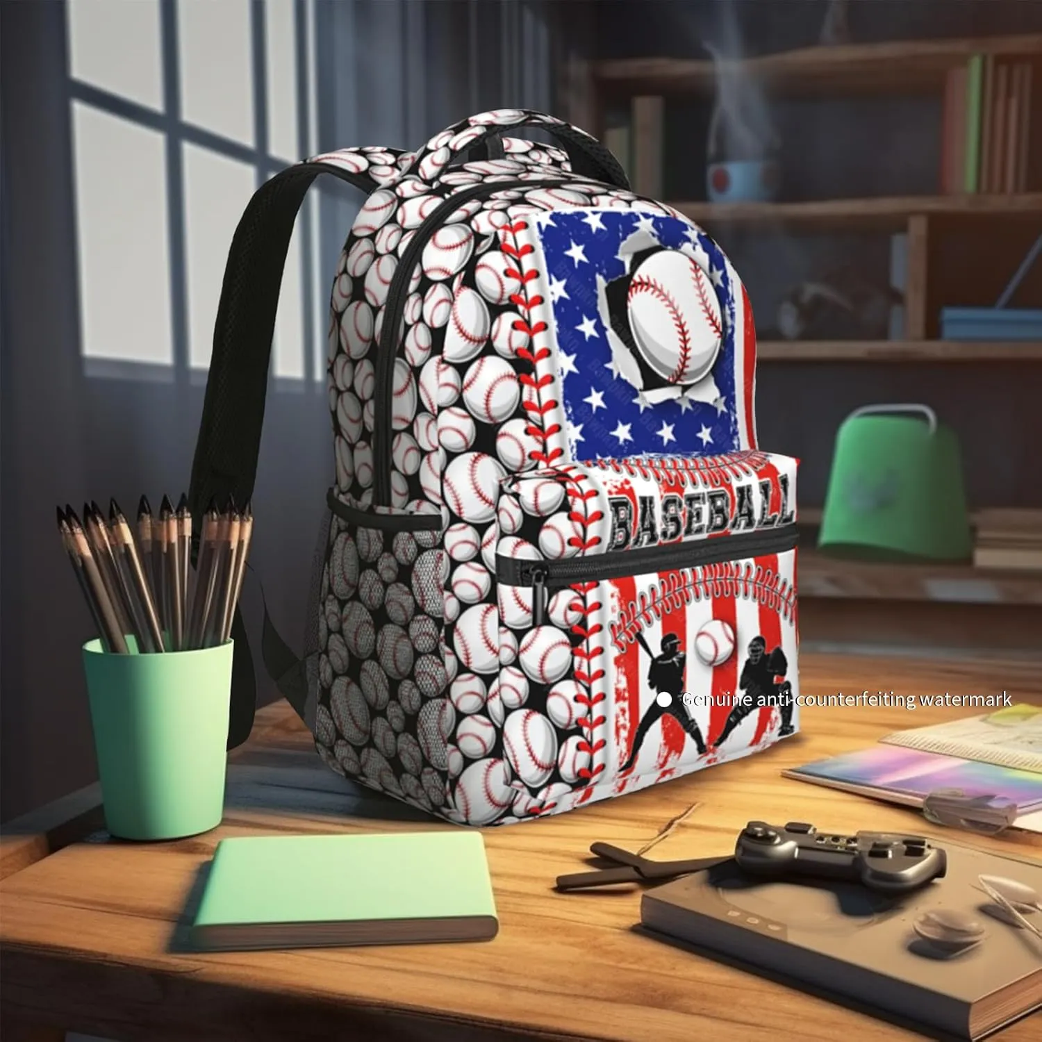 Baseball Backpack for Boys 8-12 Kids American Flag Baseball Print Schoolbag Sports Theme Bookbag for Girls Computer Laptop Backpack for Travel Hiking Camping Gym Gift for Sport Lovers