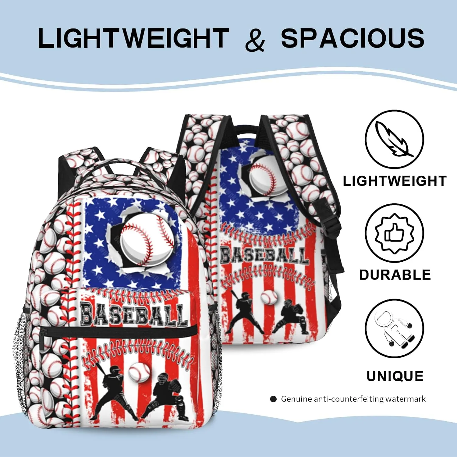 Baseball Backpack for Boys 8-12 Kids American Flag Baseball Print Schoolbag Sports Theme Bookbag for Girls Computer Laptop Backpack for Travel Hiking Camping Gym Gift for Sport Lovers