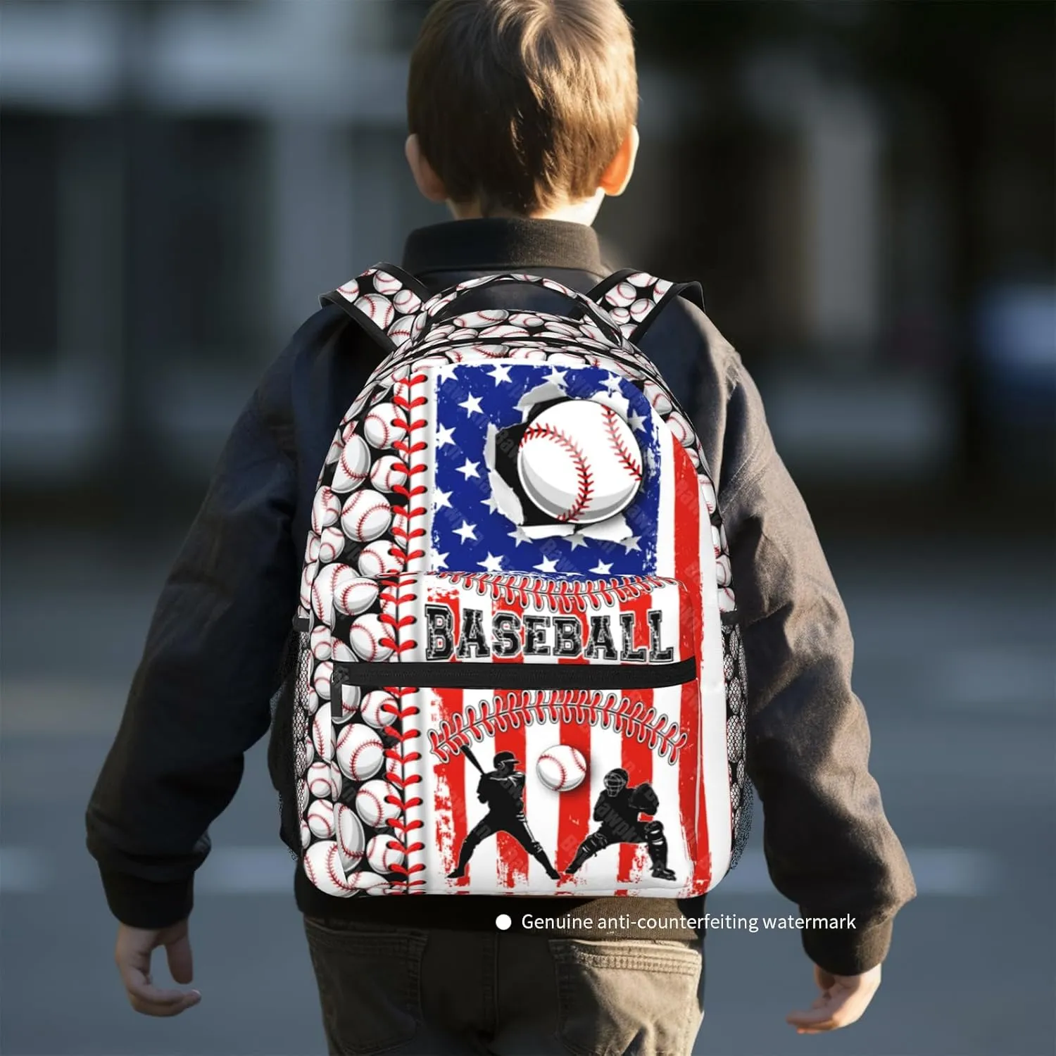 Baseball Backpack for Boys 8-12 Kids American Flag Baseball Print Schoolbag Sports Theme Bookbag for Girls Computer Laptop Backpack for Travel Hiking Camping Gym Gift for Sport Lovers