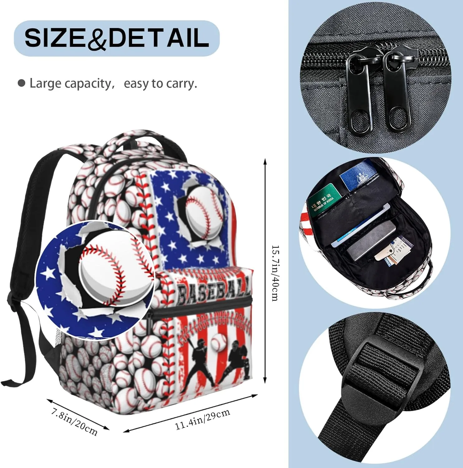 Baseball Backpack for Boys 8-12 Kids American Flag Baseball Print Schoolbag Sports Theme Bookbag for Girls Computer Laptop Backpack for Travel Hiking Camping Gym Gift for Sport Lovers