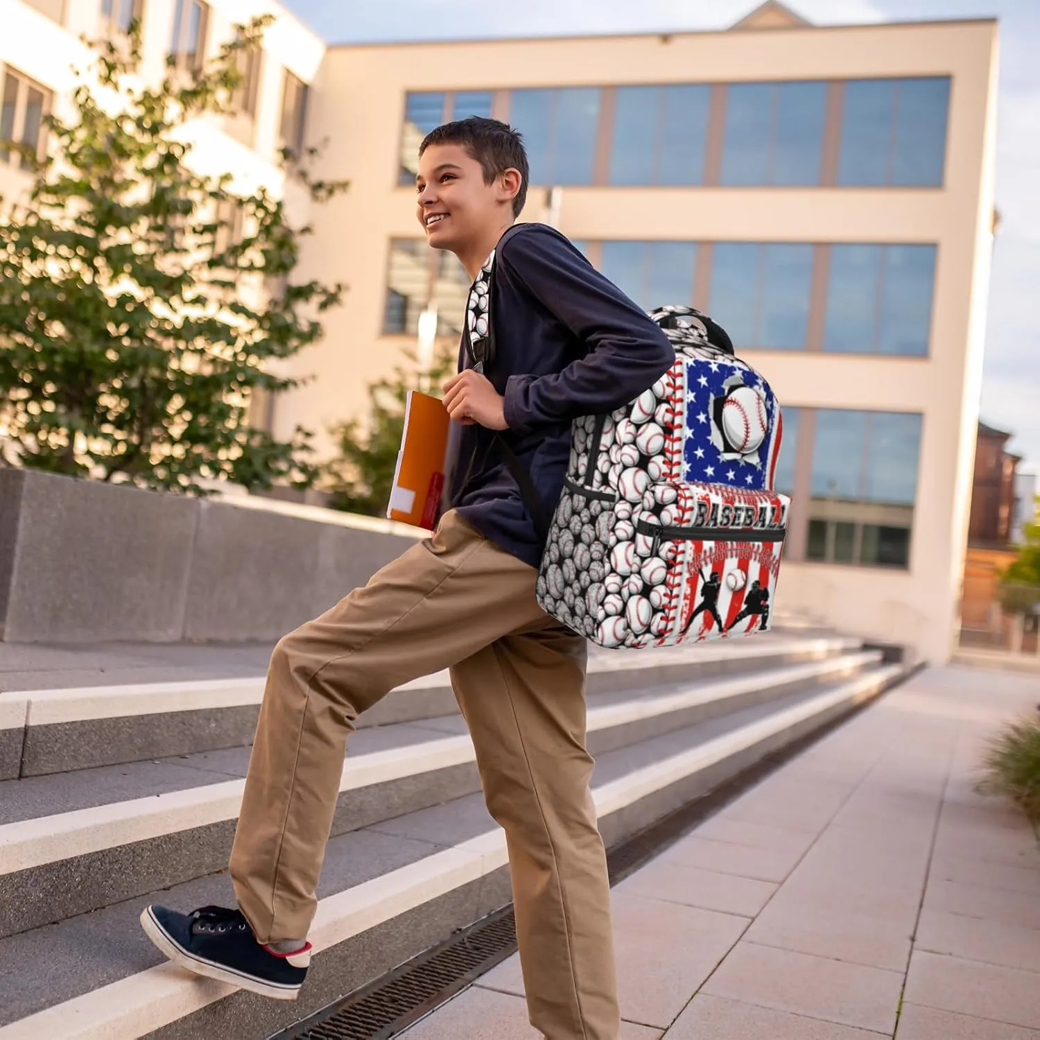 Baseball Backpack for Boys 8-12 Kids American Flag Baseball Print Schoolbag Sports Theme Bookbag for Girls Computer Laptop Backpack for Travel Hiking Camping Gym Gift for Sport Lovers