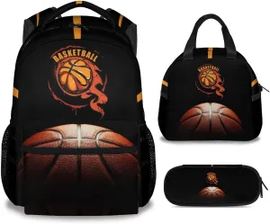 Basketball Backpack with Lunch Box and Pencil Case Set, 3 in 1 Matching Boys Black Backpacks Combo, Cool Bookbag and Pencil Case Bundle