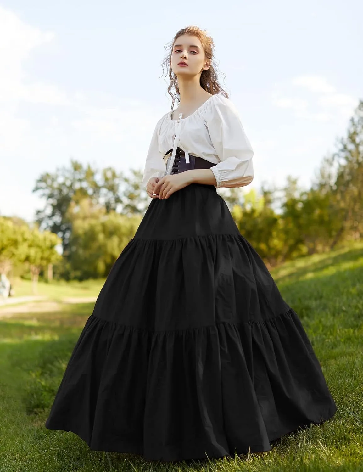 BEAUTELICATE 100% Cotton Victorian Maxi Skirt Women Gypsy Medieval Renaissance Boho Skirt Full Length