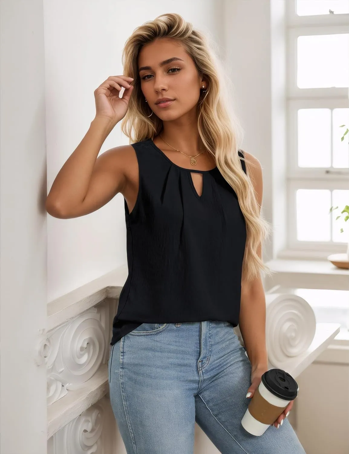 BMJL Womens Summer Tank Top Loose Fit Dressy Casual Sleeveless Cami Tops Elegant Keyhole Work Shirts