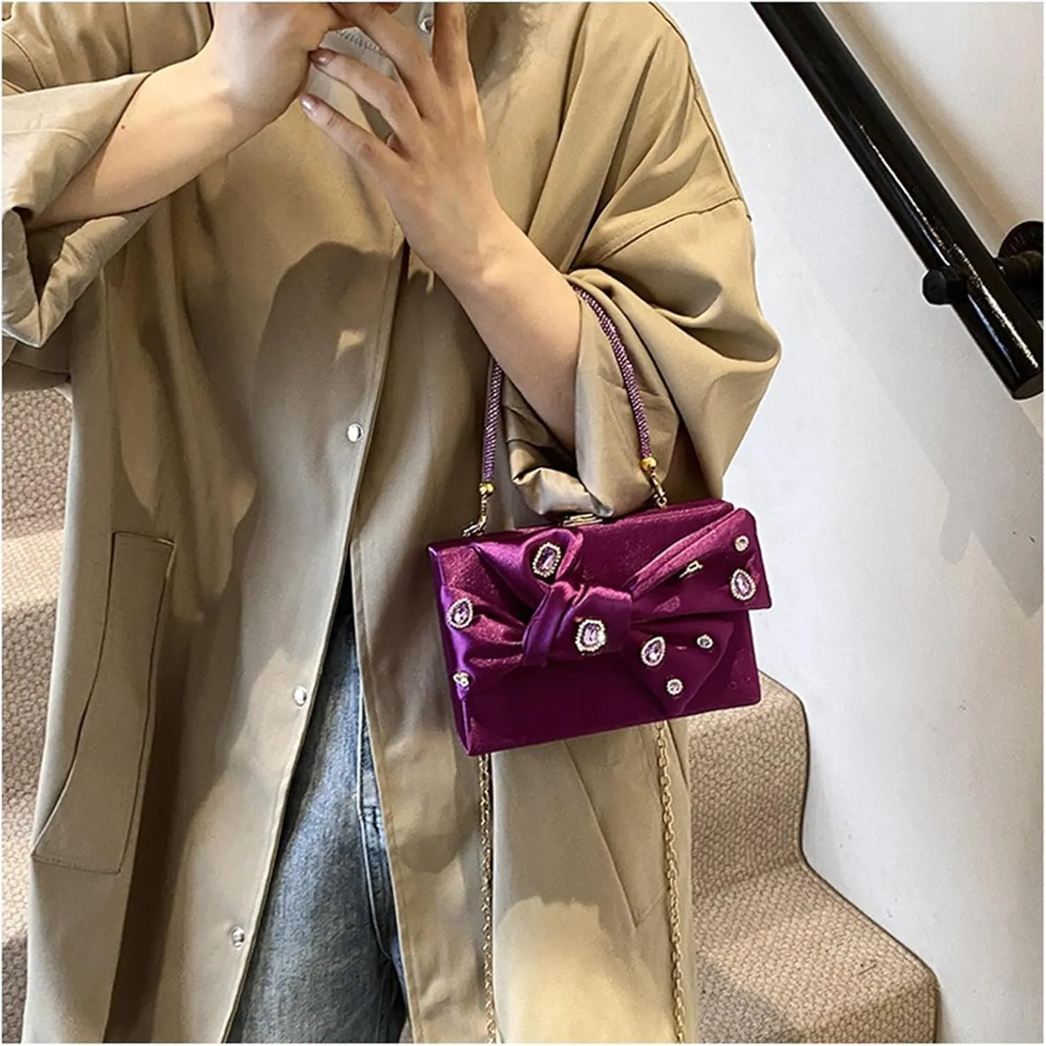 Bow Purse for Women Dressy Luxury Rhinestone Party Bag Satin Box Clutch Small Metallic Bow Purse Bling Wedding Handbag