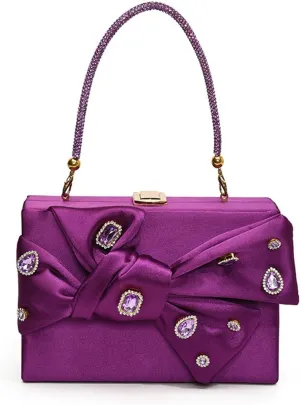 Bow Purse for Women Dressy Luxury Rhinestone Party Bag Satin Box Clutch Small Metallic Bow Purse Bling Wedding Handbag