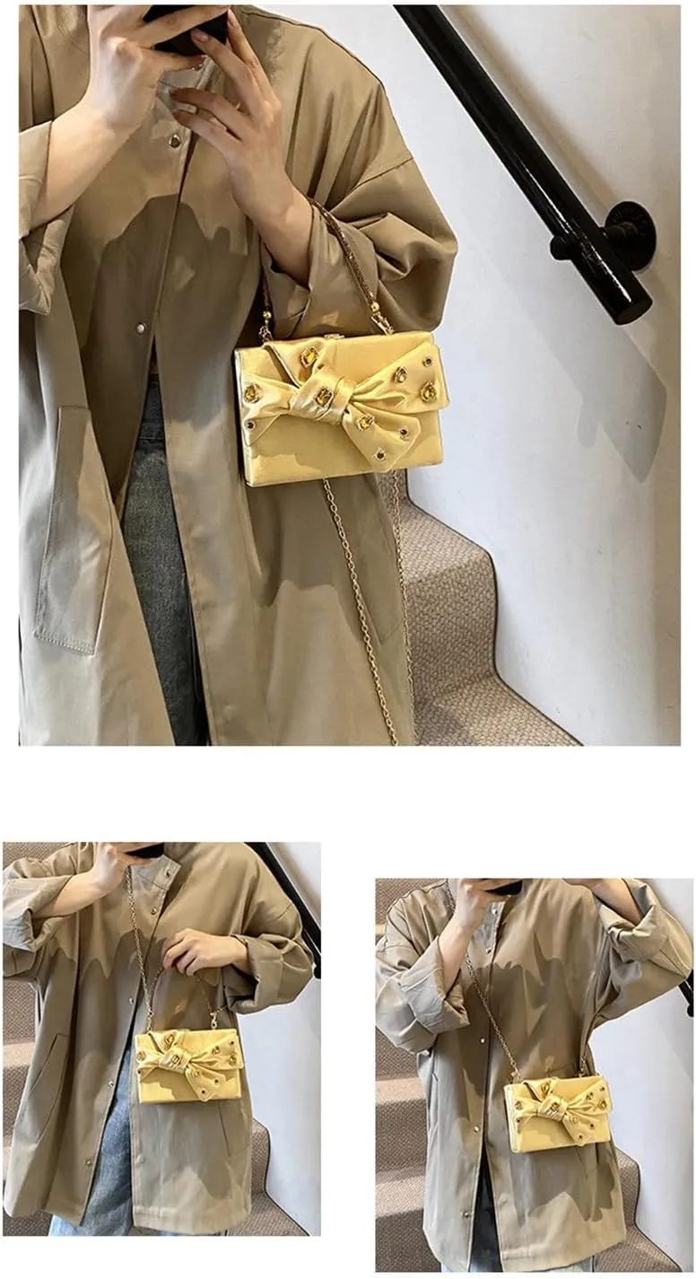 Bow Purse for Women Dressy Luxury Rhinestone Party Bag Satin Box Clutch Small Metallic Bow Purse Bling Wedding Handbag