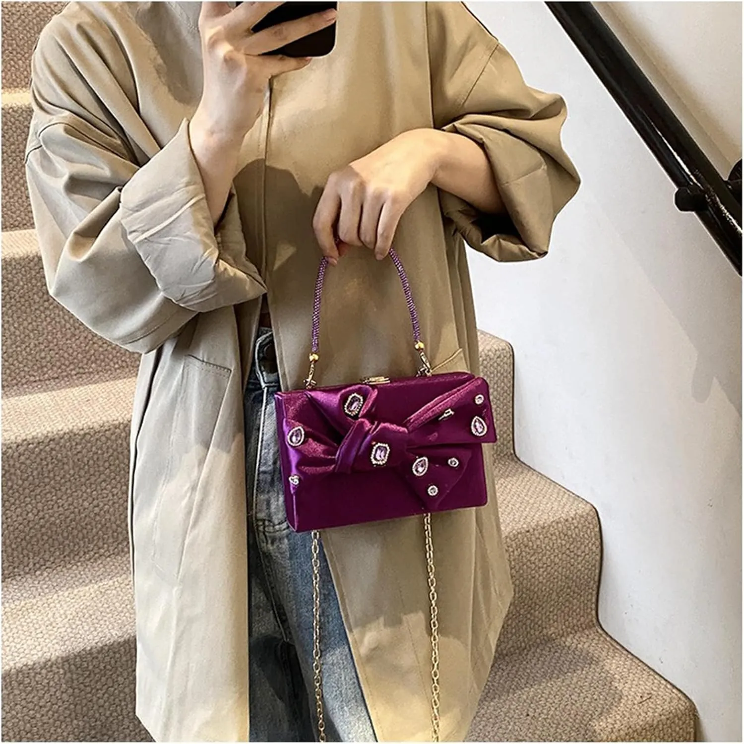 Bow Purse for Women Dressy Luxury Rhinestone Party Bag Satin Box Clutch Small Metallic Bow Purse Bling Wedding Handbag