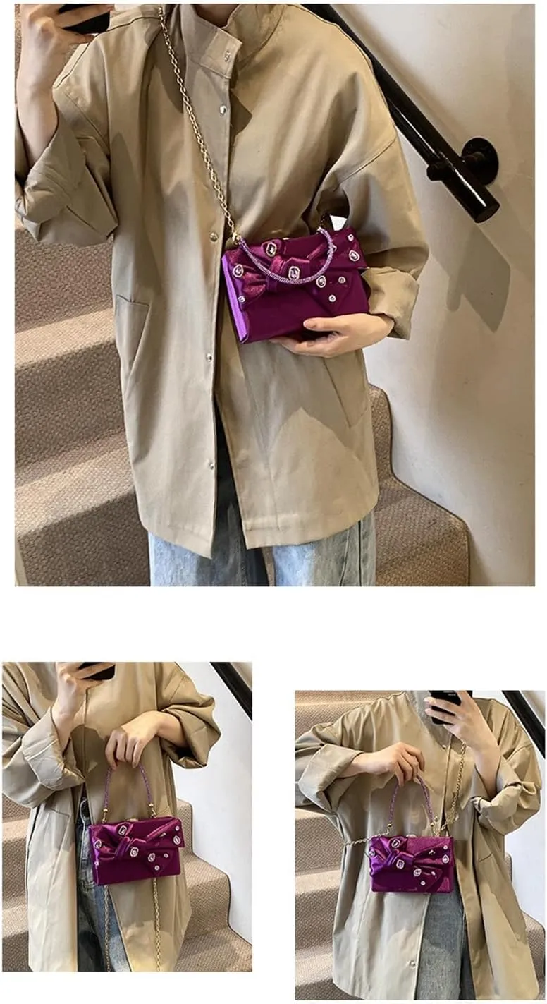 Bow Purse for Women Dressy Luxury Rhinestone Party Bag Satin Box Clutch Small Metallic Bow Purse Bling Wedding Handbag
