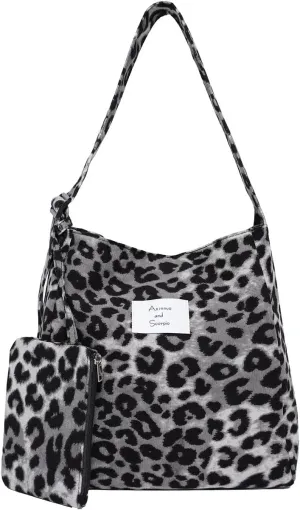 Canvas Tote Bag Leopard Print Messenger Shoulder Bag Large crossbody bags hobo work bag for Women School