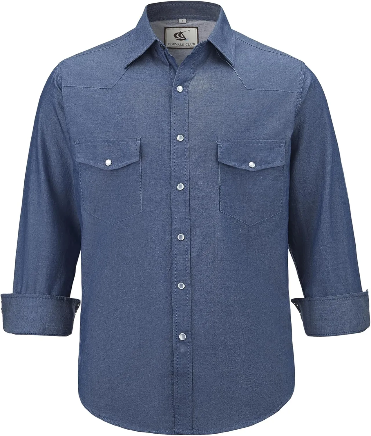 COEVALS CLUB Men's Denim Western Cowboy Pearl Snap Casual Button Down Up Dress Long Sleeve Soild Work Shirts