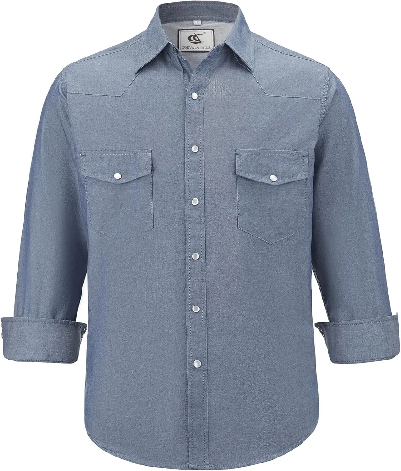 COEVALS CLUB Men's Denim Western Cowboy Pearl Snap Casual Button Down Up Dress Long Sleeve Soild Work Shirts
