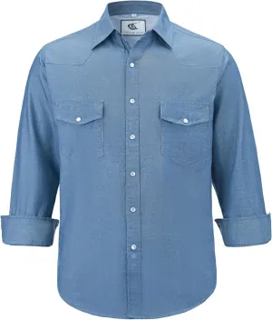 COEVALS CLUB Men's Denim Western Cowboy Pearl Snap Casual Button Down Up Dress Long Sleeve Soild Work Shirts