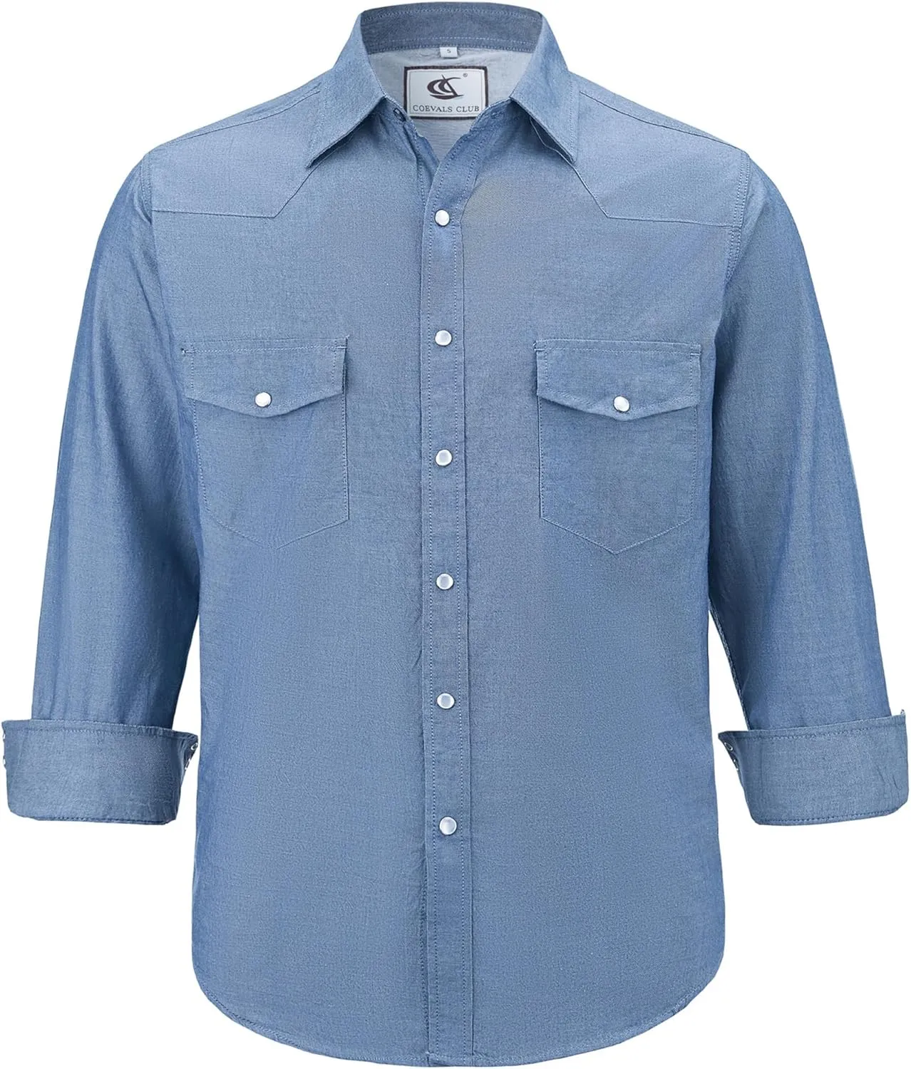 COEVALS CLUB Men's Denim Western Cowboy Pearl Snap Casual Button Down Up Dress Long Sleeve Soild Work Shirts