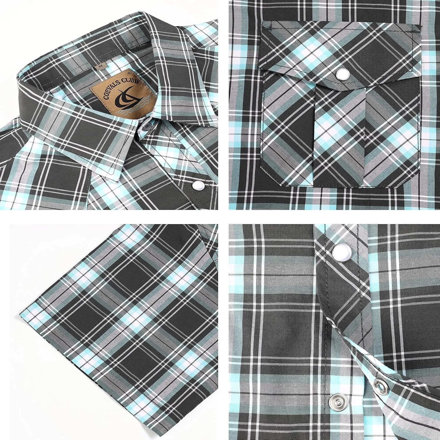 COEVALS CLUB Men's Western Cowboy Short Sleeve Pearl Snap Casual Plaid Work Shirts