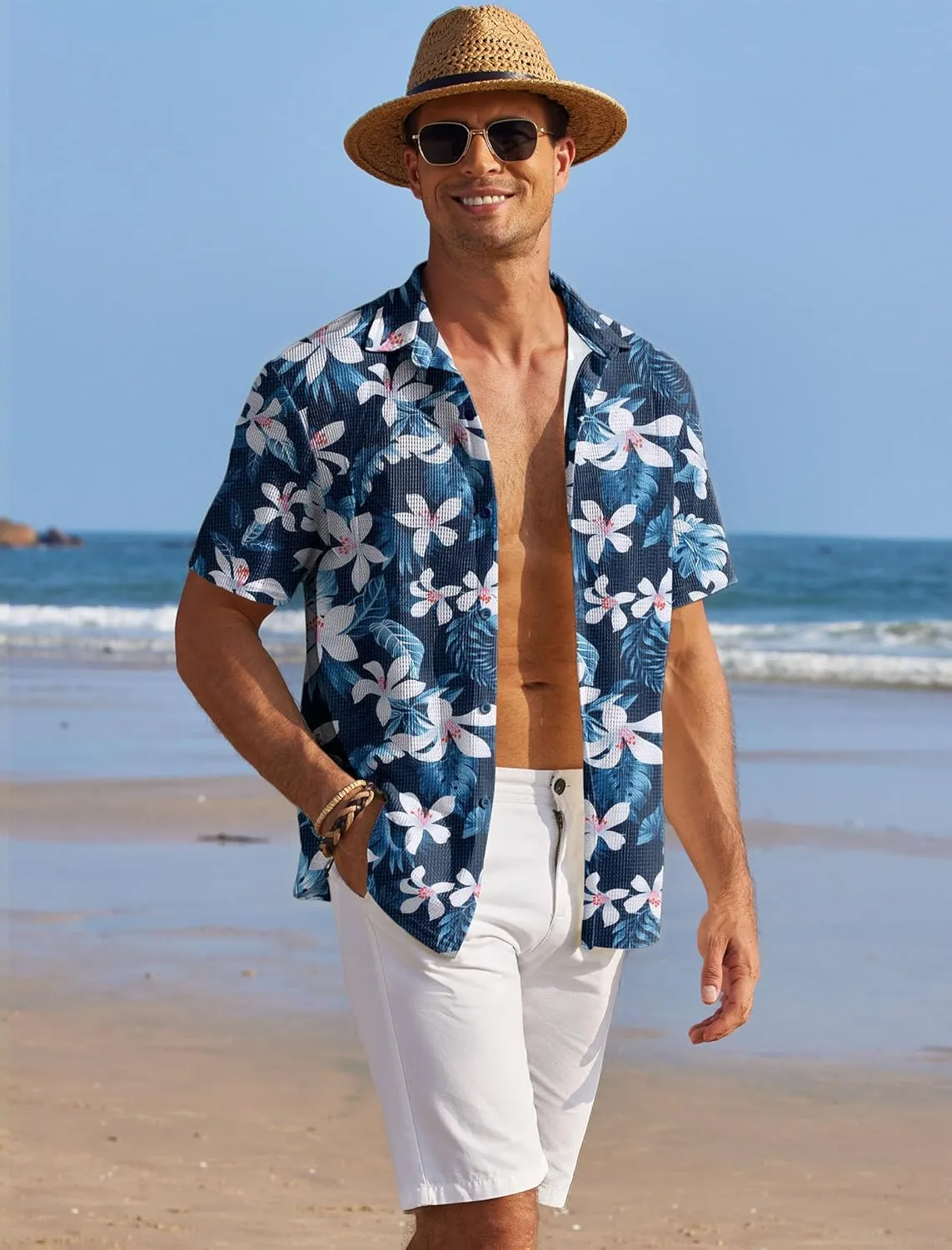 COOFANDY Men's Casual Shirts Short Sleeve Waffle Knit Button Down Shirt Wrinkle Free Summer Beach Tops