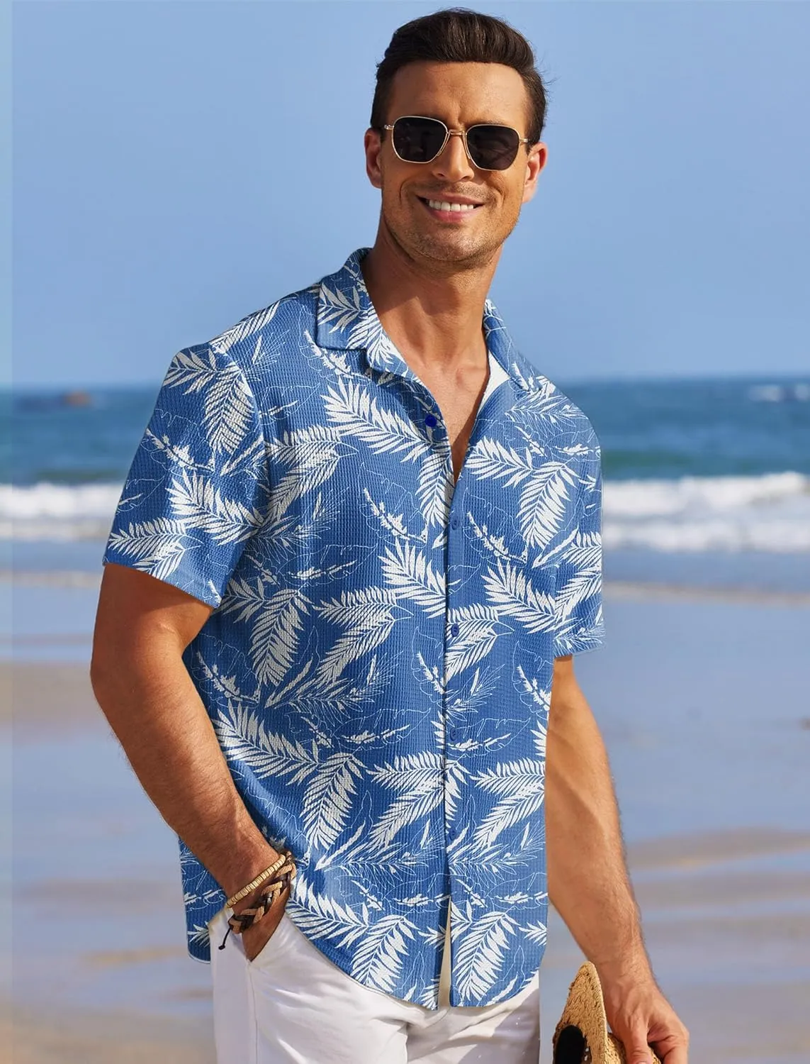COOFANDY Men's Casual Shirts Short Sleeve Waffle Knit Button Down Shirt Wrinkle Free Summer Beach Tops