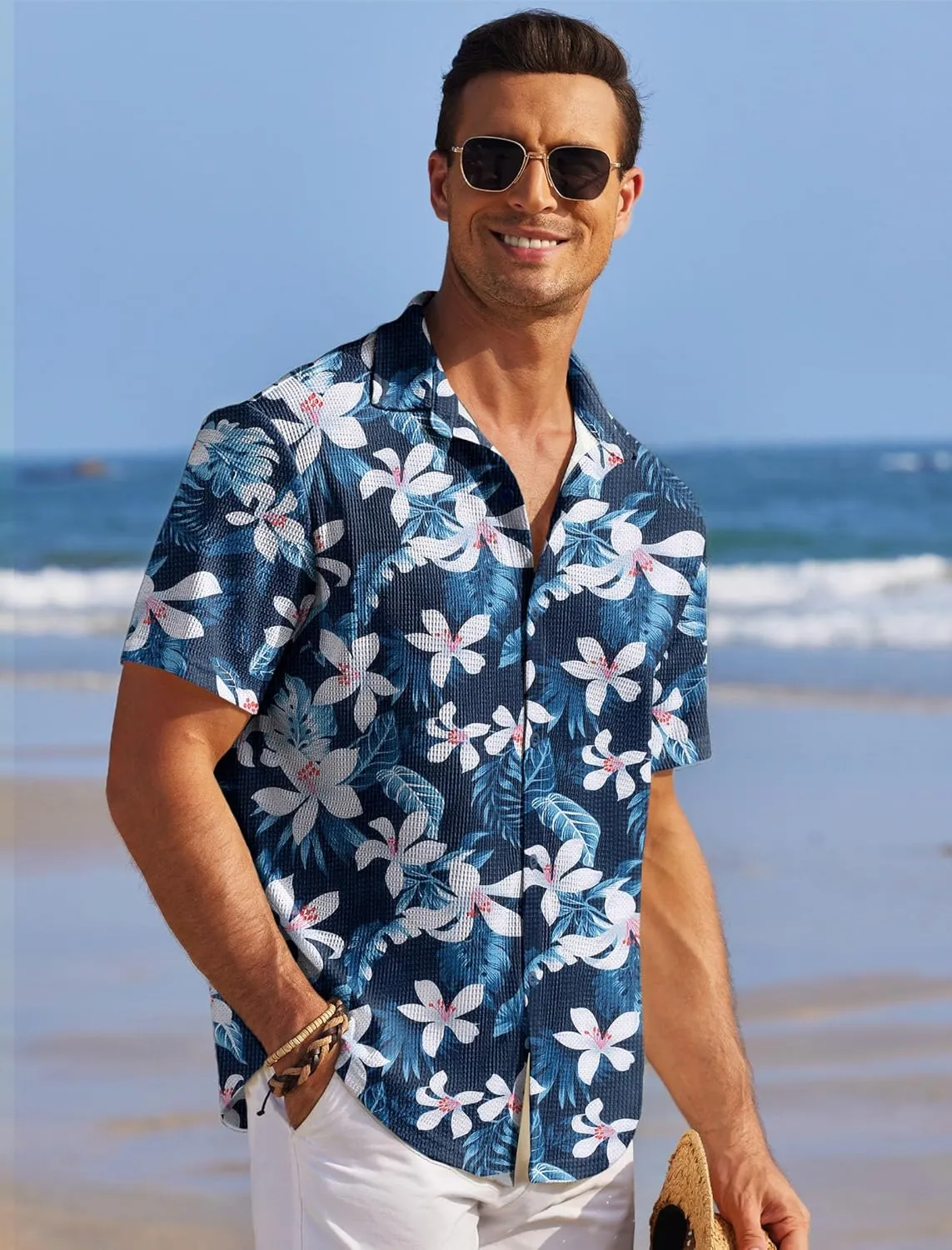 COOFANDY Men's Casual Shirts Short Sleeve Waffle Knit Button Down Shirt Wrinkle Free Summer Beach Tops