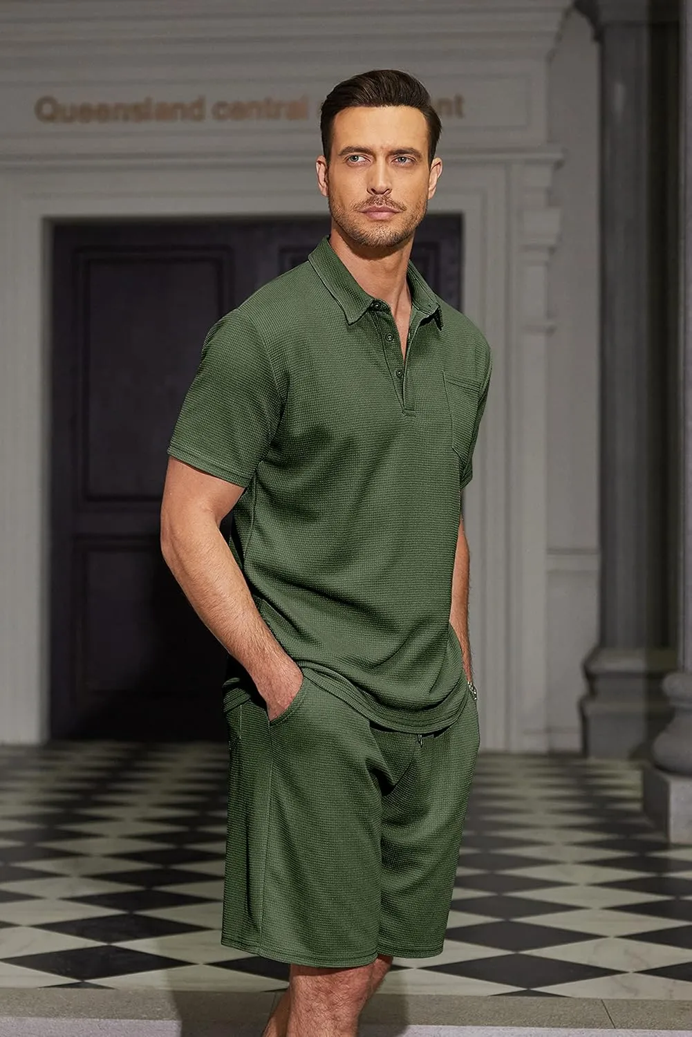 COOFANDY Men's Waffle Knit Polo Shirt and Shorts Set 2 Pieces Outfits Summer Suit Casual Tracksuit with Pockets