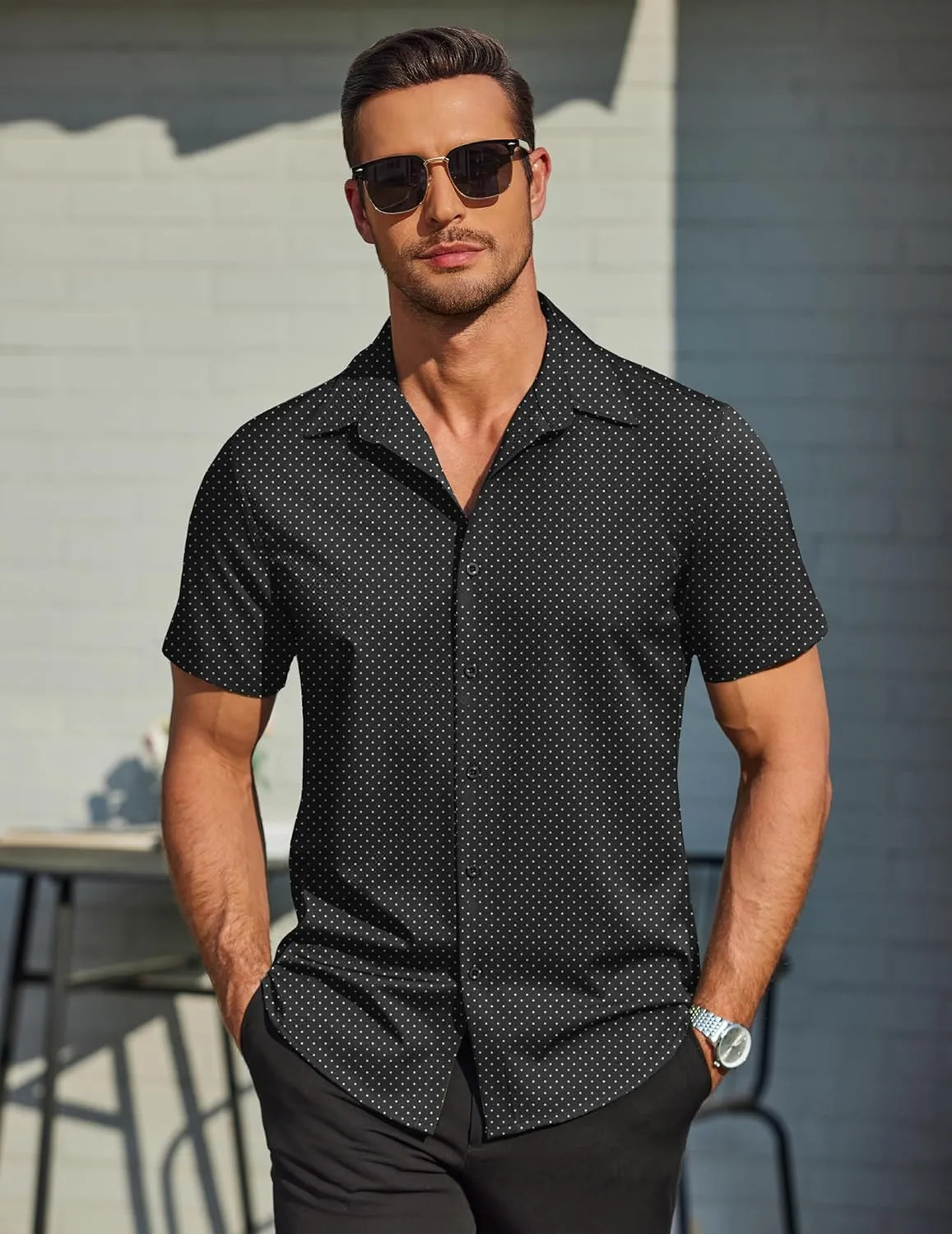 COOFANDY Mens Wrinkle Free Dress Shirt Polka Dot Short Sleeve Button Down Business Casual Shirts