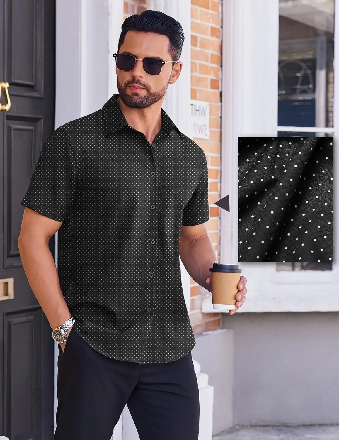 COOFANDY Mens Wrinkle Free Dress Shirt Polka Dot Short Sleeve Button Down Business Casual Shirts