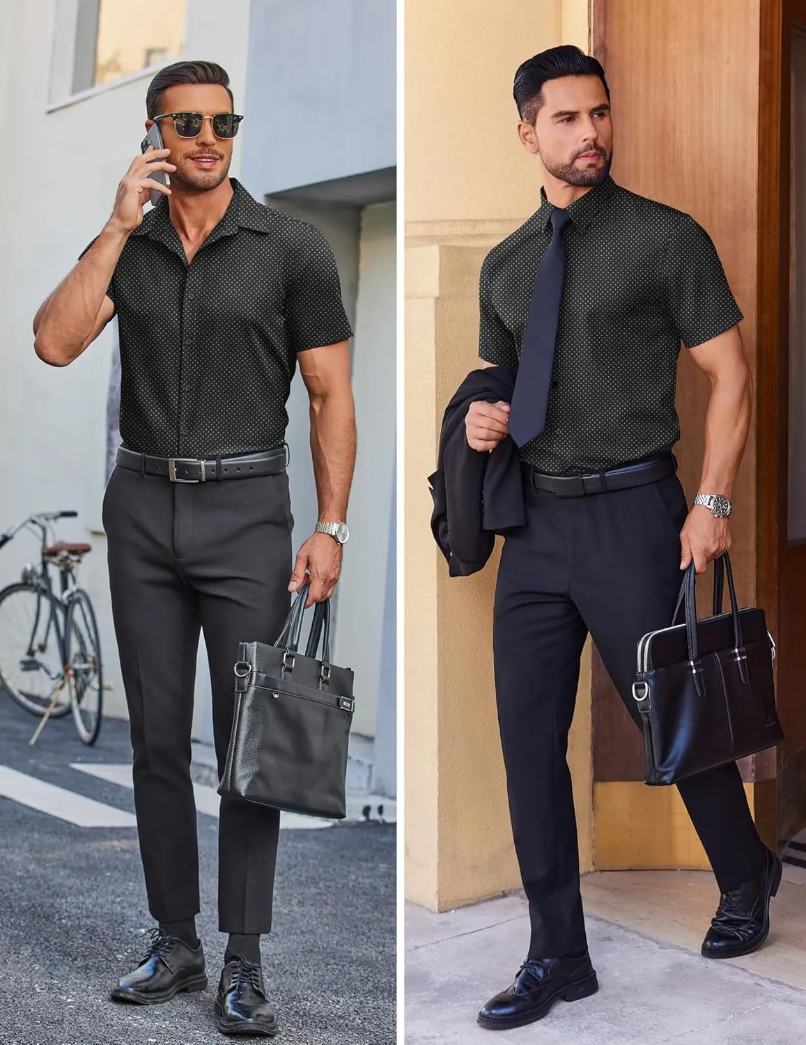 COOFANDY Mens Wrinkle Free Dress Shirt Polka Dot Short Sleeve Button Down Business Casual Shirts