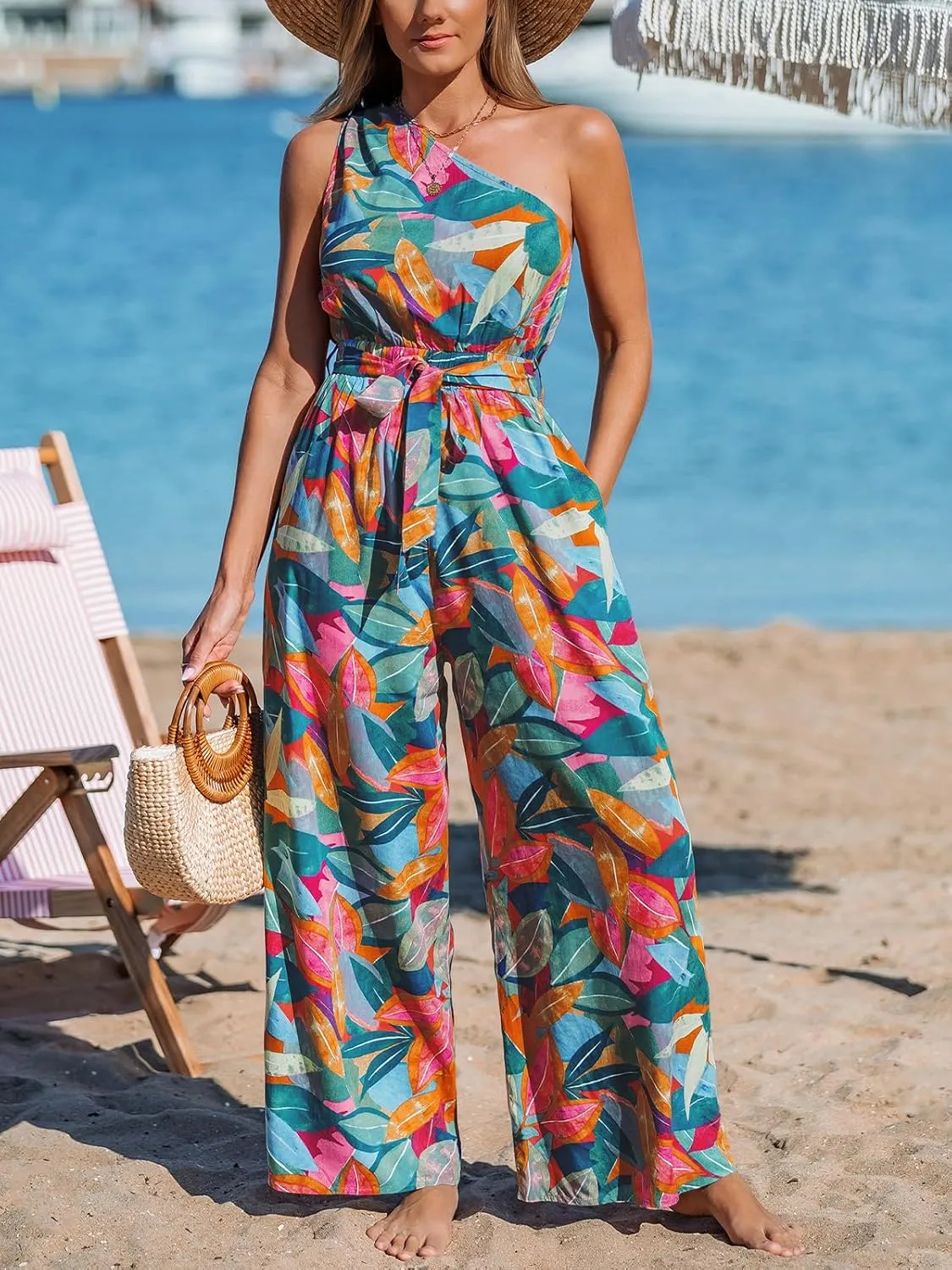 CUPSHE Women One Shoulder Summer Jumpsuit with Pocket Elastic Waist Tie Overall Wide Leg Casual Beach Holiday Romper