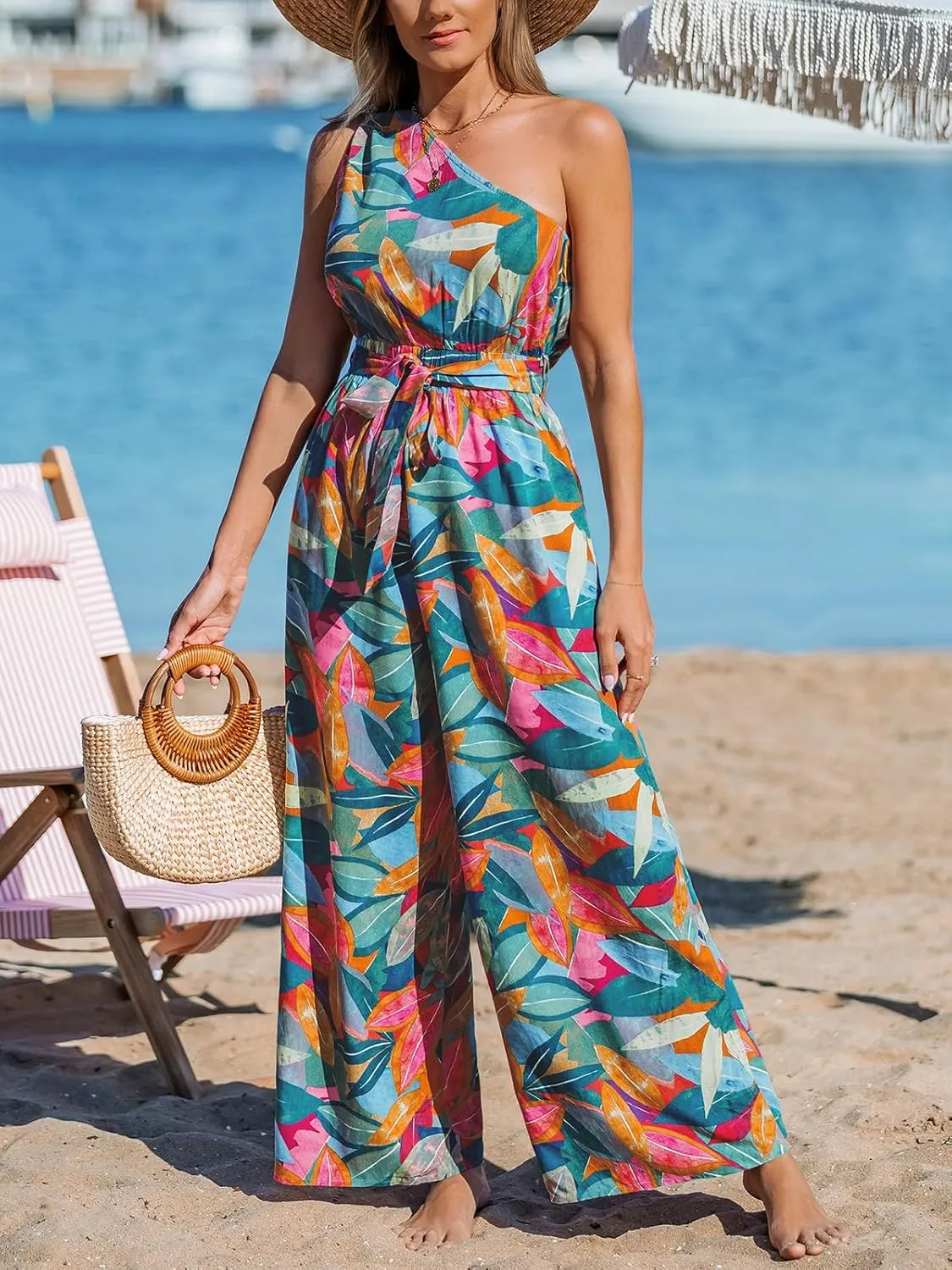 CUPSHE Women One Shoulder Summer Jumpsuit with Pocket Elastic Waist Tie Overall Wide Leg Casual Beach Holiday Romper